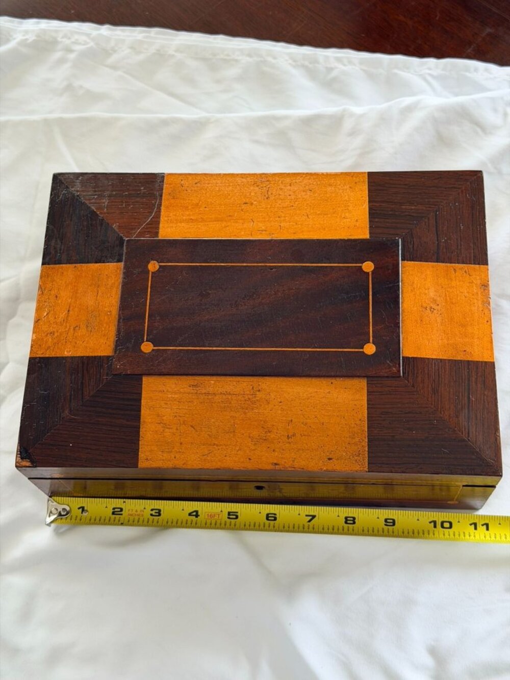 Vintage Wooden Jewelry Box With Inlaid Design Mirror And Terrazzo Interior 11" X
